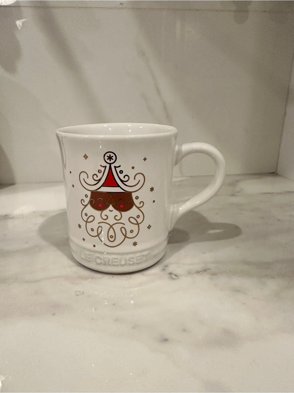 NWOT Le Creuset Holiday White Mug with Red and Gold Santa Face - Picture 2 of 8